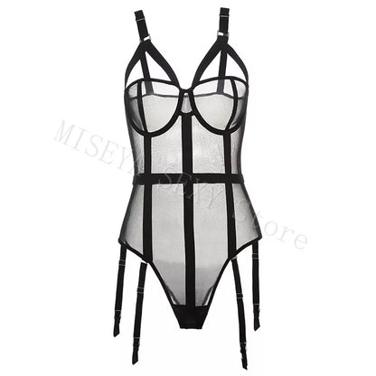 Sexy Lace Mesh Jumpsuit Suspenders Plastic Body Suit Strap Bodysuit Women Garter Temptation Streetwear