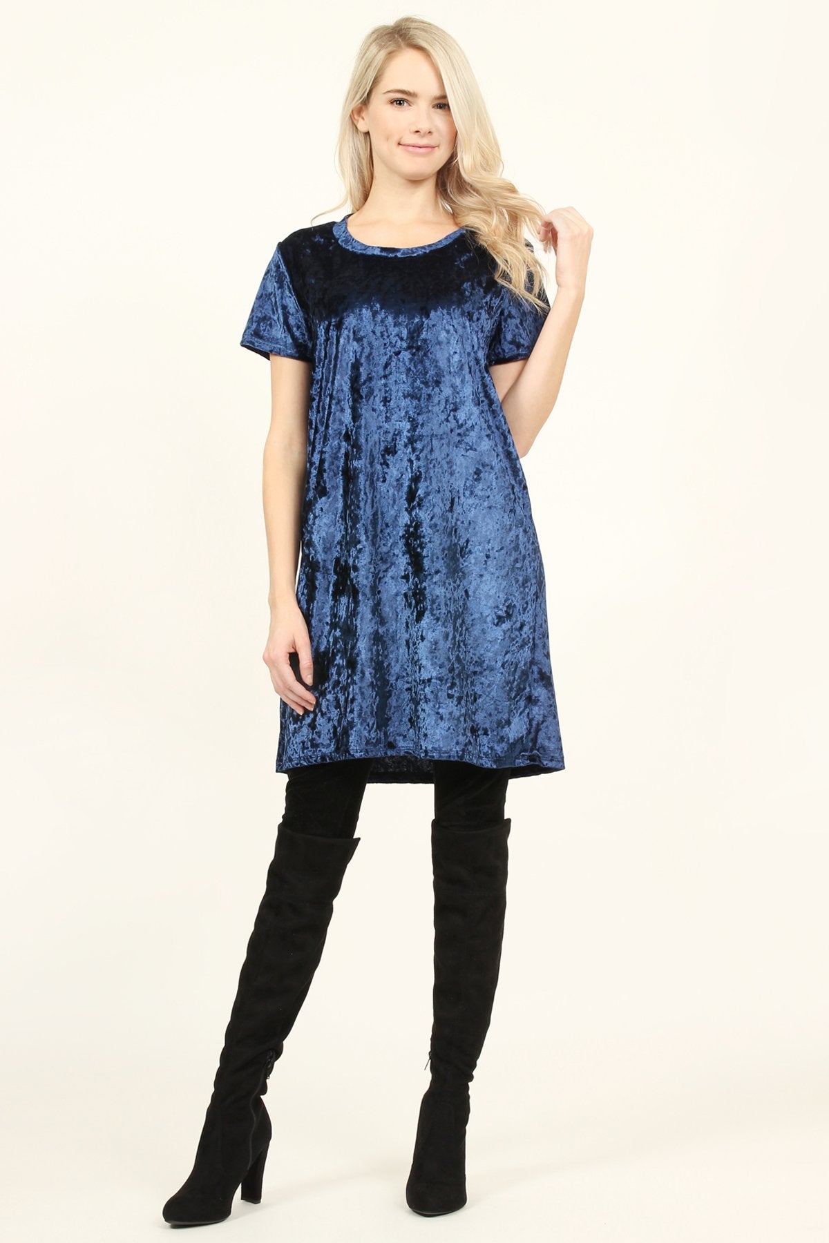 Short Sleeve Crushed Velvet Tunic Dress