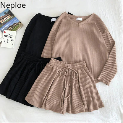 Neploe Casual Fashion 2 Pcs Women Set v Neck Long Sleeve Loose Knit Top + High Waist Hip Elastic Wide Leg Shorts Wild Suit 48994