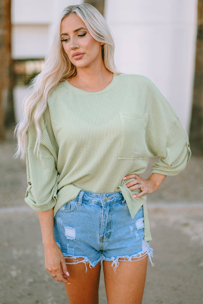 Jade Ribbed Roll-Tab Sleeve Chest Pocket Oversize Top