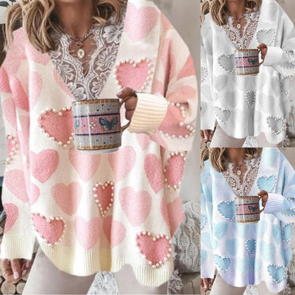 Fashion Sweaters Women Autumn Winter Lace v Neck Heart Print Knit Jumper Long Sleeve Loose Pullovers Plus Size