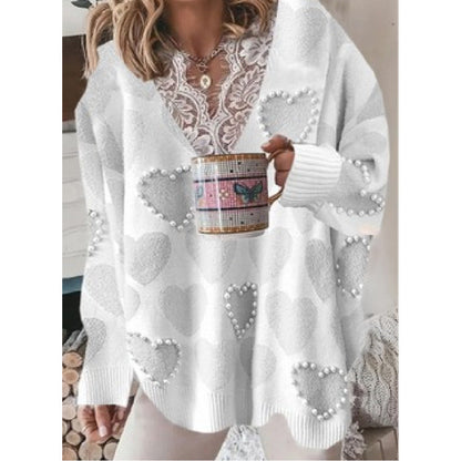 Fashion Sweaters Women Autumn Winter Lace v Neck Heart Print Knit Jumper Long Sleeve Loose Pullovers Plus Size