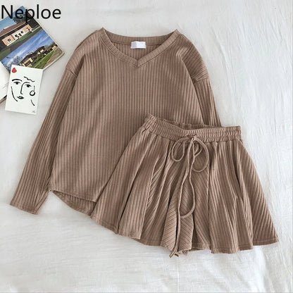 Neploe Casual Fashion 2 Pcs Women Set v Neck Long Sleeve Loose Knit Top + High Waist Hip Elastic Wide Leg Shorts Wild Suit 48994