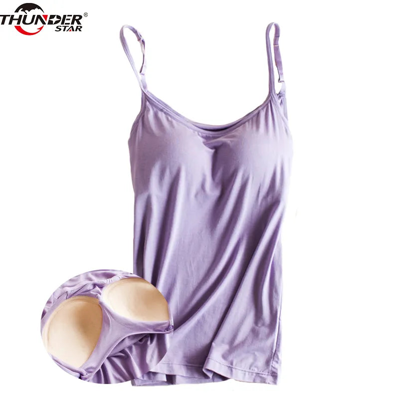 Padded Bra Tank Top Women Modal Spaghetti Strap Camisole With Built in Bra Solid Cami Top Female Tops Vest Fitness Clothing