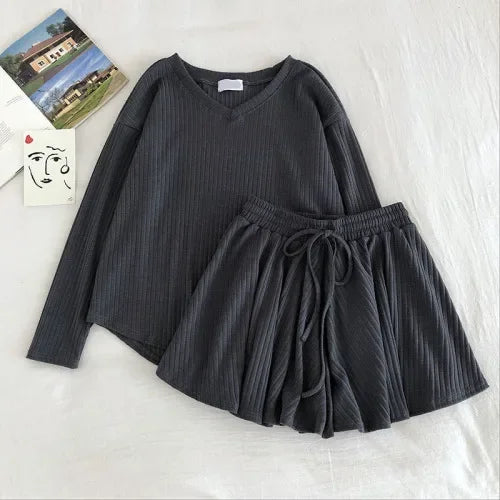 Neploe Casual Fashion 2 Pcs Women Set v Neck Long Sleeve Loose Knit Top + High Waist Hip Elastic Wide Leg Shorts Wild Suit 48994