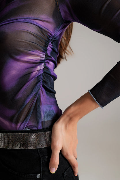 Mesh Top Rouched at the Side in Abstract Purple Print