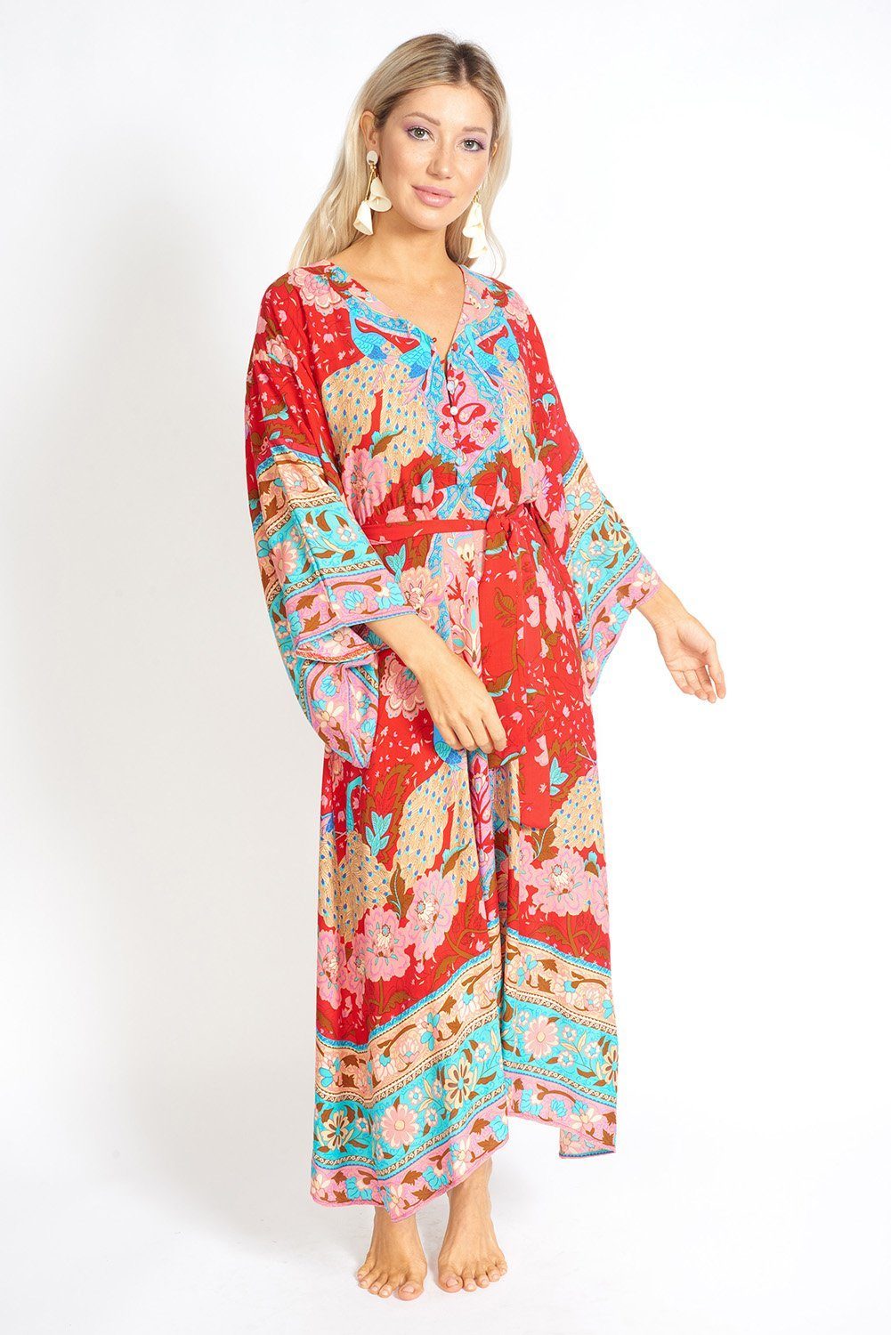 ayaka peacock floral maxi kimono style dress