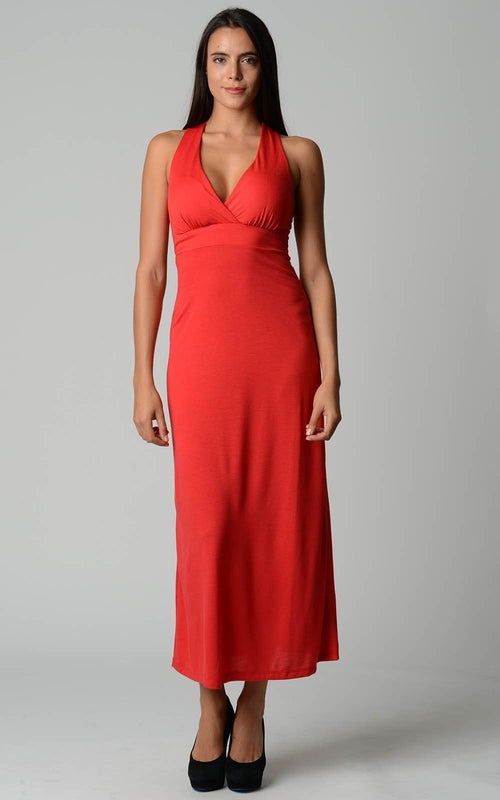women's halter maxi dress with cross back straps
