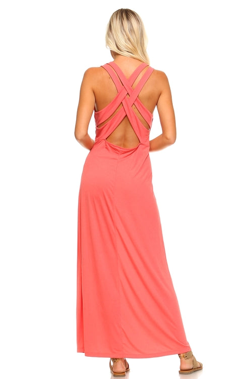 women's halter maxi dress with cross back straps