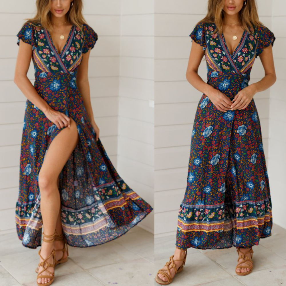 womens wrap style v neck floral maxi dress