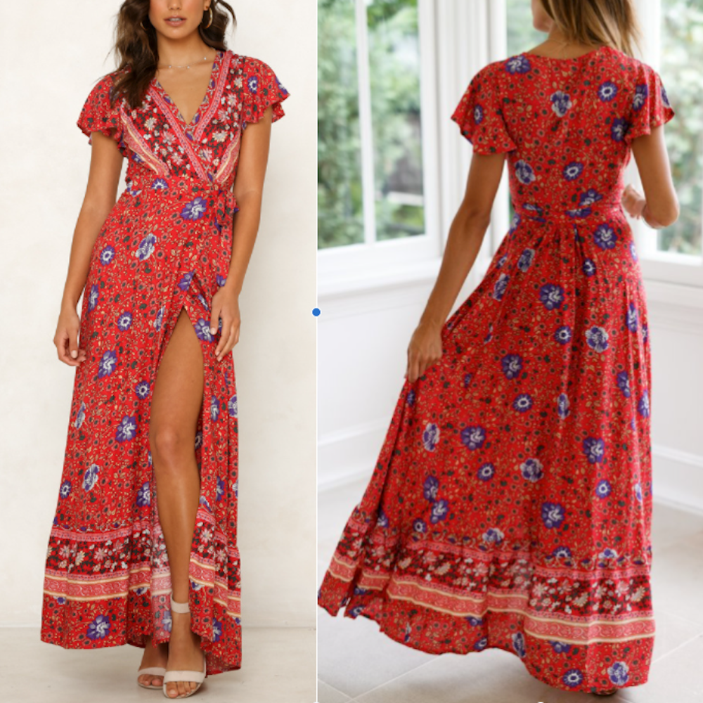 womens wrap style v neck floral maxi dress
