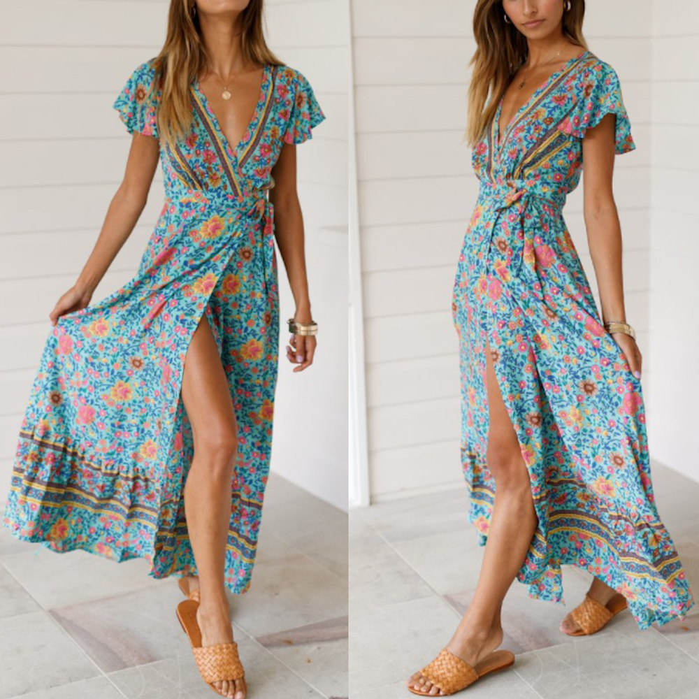 womens wrap style v neck floral maxi dress