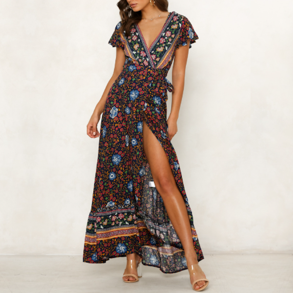 womens wrap style v neck floral maxi dress