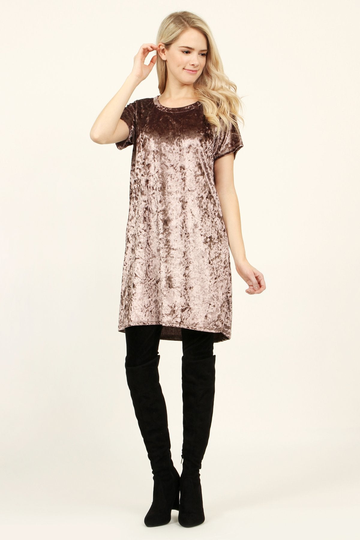 Short Sleeve Crushed Velvet Tunic Dress