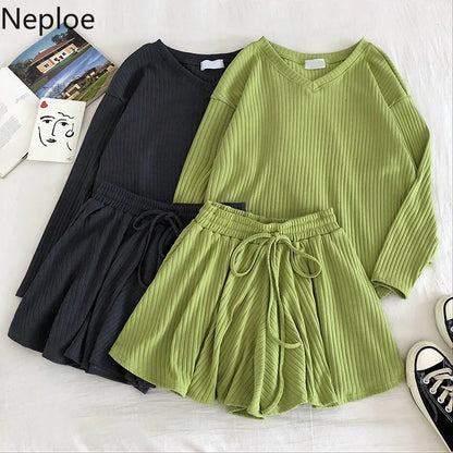 Neploe Casual Fashion 2 Pcs Women Set v Neck Long Sleeve Loose Knit Top + High Waist Hip Elastic Wide Leg Shorts Wild Suit 48994