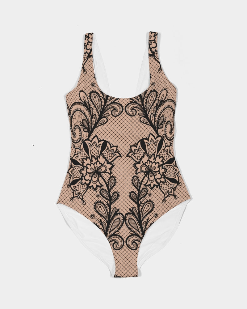 Black & Nude Lace Women's One-Piece Swimsuit