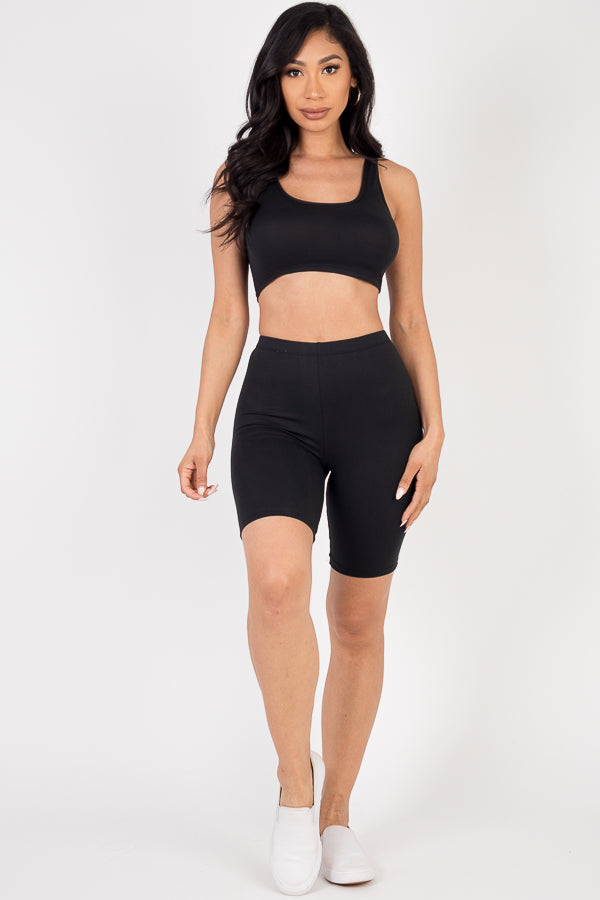 Solid Color Crop Tank Top & Biker Shorts Active Set (CAPELLA)