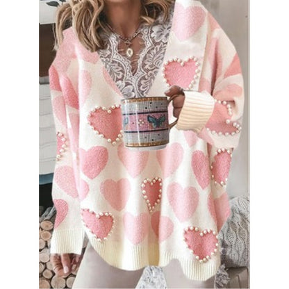 Fashion Sweaters Women Autumn Winter Lace v Neck Heart Print Knit Jumper Long Sleeve Loose Pullovers Plus Size