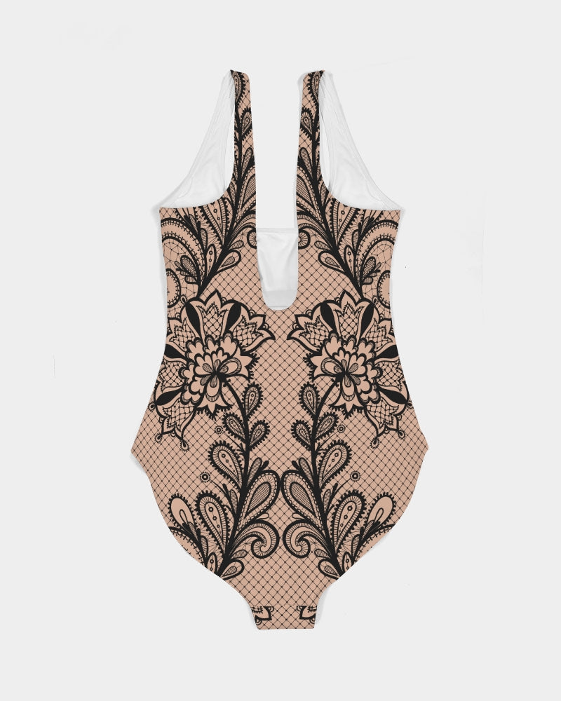 Black & Nude Lace Women's One-Piece Swimsuit